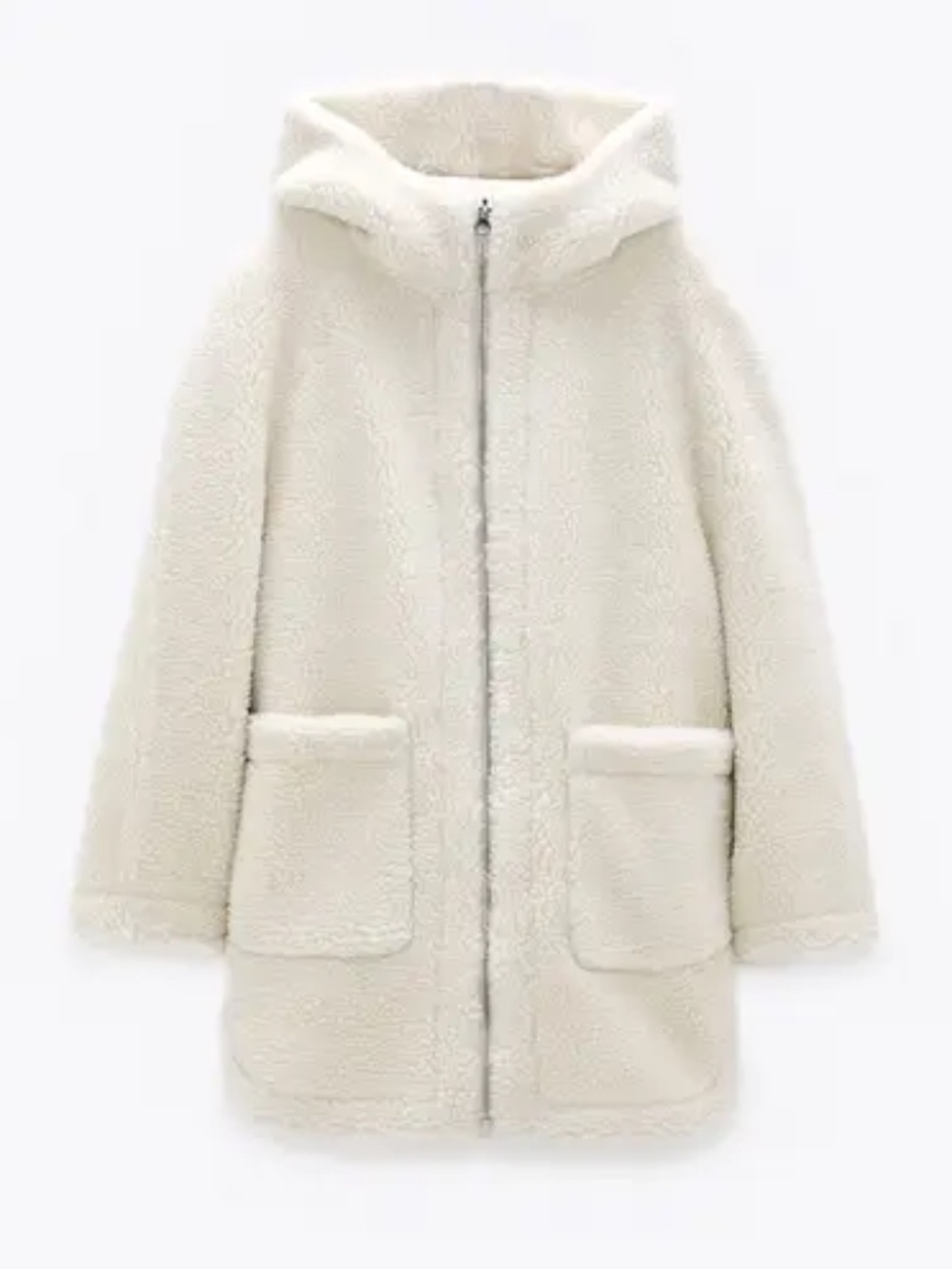 Zara Women’s Furry Teddy Fleece Hooded Coat Jacket XL Beige Full Zip